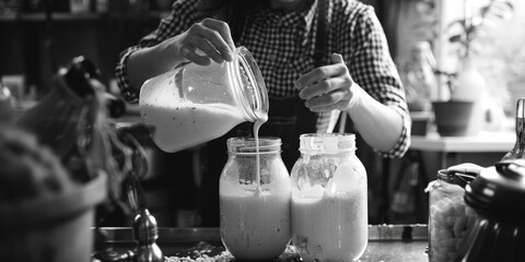 Poster - A person pouring milk from a single source into two separate jars or containers, suitable for use in education, health, and lifestyle images