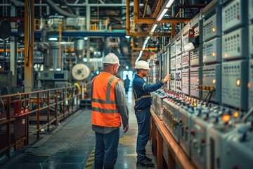 Poster - Two workers stand side by side in a modern industrial setting, conveying teamwork and cooperation