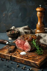 Poster - Fresh raw steak on a wooden cutting board with a knife and pepper sprig, ready for preparation