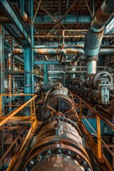 Fototapete - Industrial setting with rows of pipes and machinery