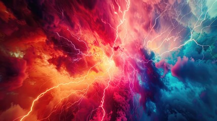 Poster - A vibrant blue sky with thunderstorm clouds and lightning bolts, suitable for use in weather or atmospheric scenes