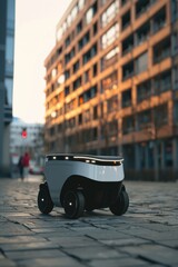 Poster - A toy car sits on the ground in front of a building, perfect for use in illustrations or designs about childhood, nostalgia, or architecture