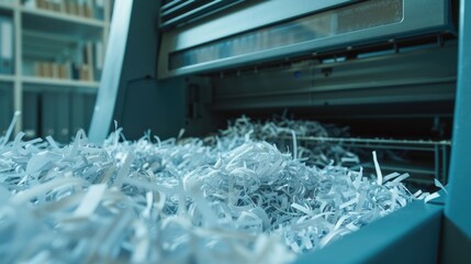 Poster - A close-up of an office shredder filled with shredded paper