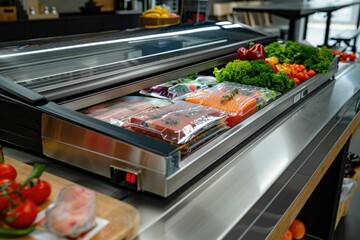 Poster - A colorful display of fresh meat and vegetables in a glass case