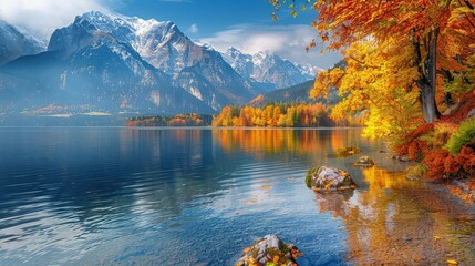 Wall Mural - Beautiful autumn scene of Hintersee lake. Colorful morning view of Bavarian Alps on the Austrian border, Germany, Europe. Beauty of nature concept background.