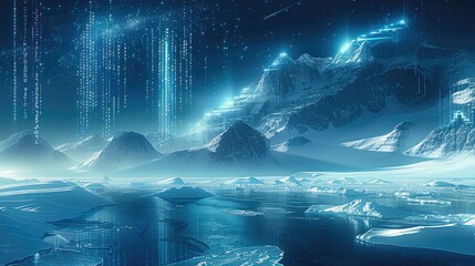 Poster - A futuristic landscape consisting of programming code, northern lights, snow, ice floes, north pole, blue background. Generative AI.