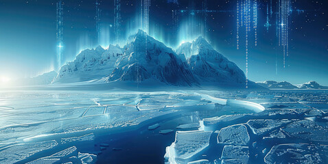 Poster - A futuristic landscape consisting of programming code, northern lights, snow, ice floes, north pole, blue background. Generative AI.