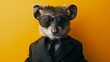 © ชลธิชา สว่างวงค์ - A mouse wearing a suit and sunglasses stares intensely at the camera against a bright yellow background.