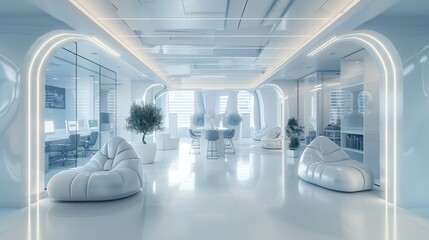 Aufkleber - Interactive IT co-working in white and blue tones with media content high detailed. Generative AI.