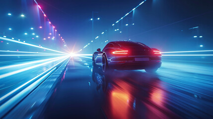 Poster - A dynamic composition with a car moving towards the light, captured from a rear angle, and an overall blue impression. Generative AI.
