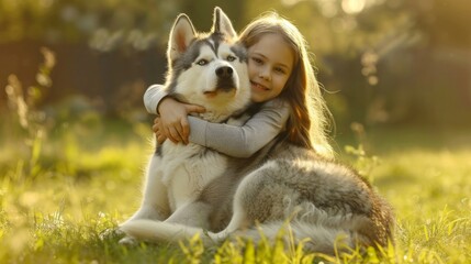 Wall Mural - Portrait of little girl hugging a Husky dog in outdoor park