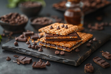 Delicious chocolate wafers stacking, close up Wafers with chocolate.