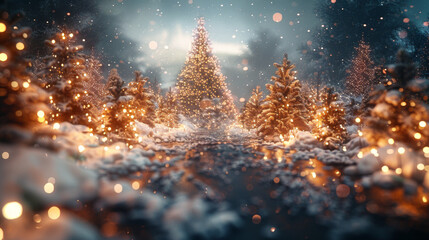 Canvas Print - blurred christmas tree, snow, christmas, background