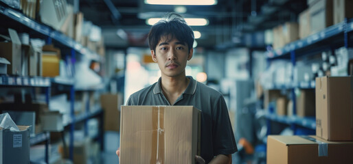 Poster - An Asian male employee holding a box is very sad to leave, office background. Generative AI.