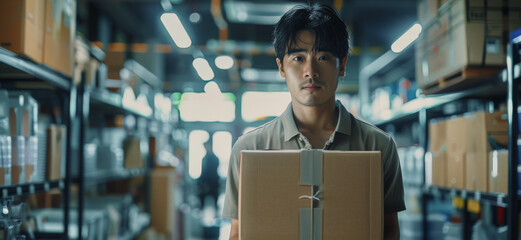 Poster - An Asian male employee holding a box is very sad to leave, office background. Generative AI.