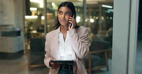 Poster - Business woman, night and tablet with phone call for discussion, proposal or project deadline at office. Female person, consultant or agent talking on mobile smartphone for conversation at workplace