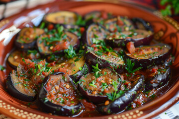 Wall Mural - baked eggplant with herbs, selective focus