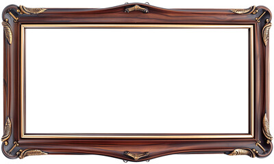 Wooden picture frame with golden elements, on a transparent background