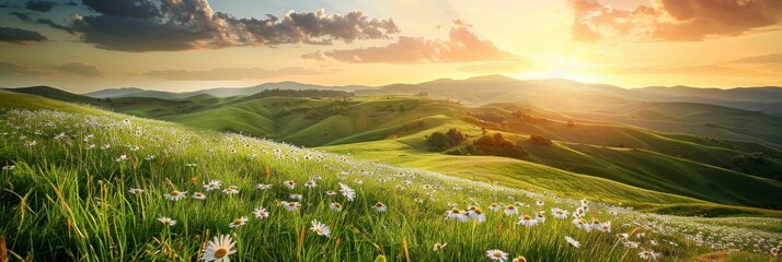 a beautiful landscape of rolling hills covered in daisies under the soft glow of sunset, with a sere