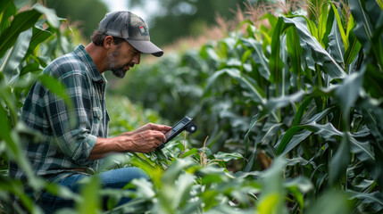 Wall Mural - Blurred image. Farmers use tablets to analyze data and experiment with growing corn. AI data innovation improves cultivation efficiency for quality. Analysis of farmer corn farming agriculture concept