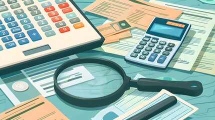 a tax document, a magnifying lens, a financial document, banknotes and a calculator machine on a desk. finance, money, accounting concept	