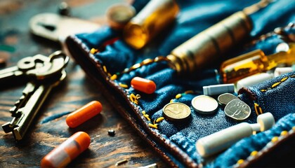 Men's wallet, keys, money, cartridges, pills, jeans background