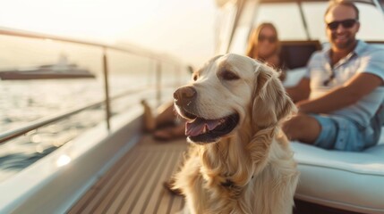 Wall Mural - Dog and family on deck of a luxury yacht enjoy beautiful sea view.