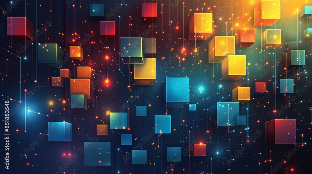 Abstract digital art with glowing colorful cubes and lines on a dark ...