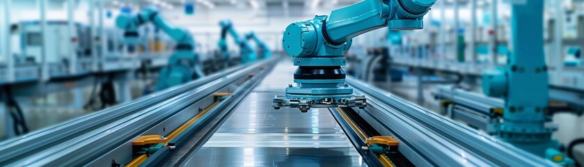 Automated factory production line with modern robotics technology showcasing efficient industrial manufacturing processes