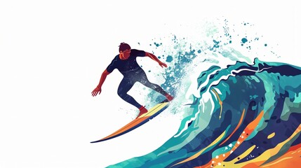 Wall Mural - Vector illustration of a surfer surfing with high tide with water splashes