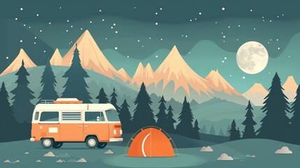 Wall Mural - Artistic vector illustration of vintage retro camper van at moon night
