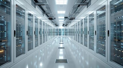 Modern data center with rows of server racks and advanced technology ensuring robust network connectivity and data storage solutions.