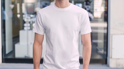 Young Model Shirt Mockup, man wearing white t-shirt in front of Department store display window, Shirt Mockup Template on hipster adult for design print, Male guy wearing casual t-shirt