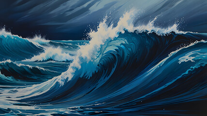 Turquoise paint splattering against a backdrop of stormy ocean waves, capturing the raw power and beauty of the sea
