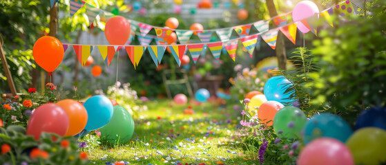 Garden with balloons and decorative flags, festival, party and birthday backdrop