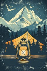 Wall Mural - Vintage retro poster of outdoor theme with tent.