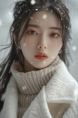 Wall Mural - Chinese beauty woman, wearing beige turtleneck sweater and white coat, long hair, delicate face, snowflakes falling on her head. Generative AI.