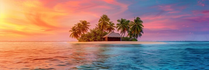 Wall Mural - Little island with palm tree in middle of blue sea water
