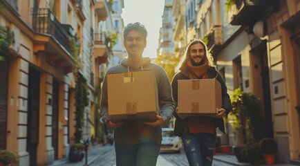 Poster - Friends helping each other move into a new apartment, carrying boxes and assembling furniture, creating a sense of community. Generative AI.