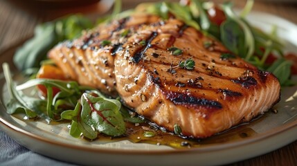 Wall Mural - A beautifully grilled salmon fillet served on a rustic plate with a side of fresh greens, rustic, appetizing. Generative AI.