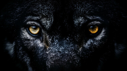 Hypnotic wolf eyes emerging from the shadows on a black background. Ai generated