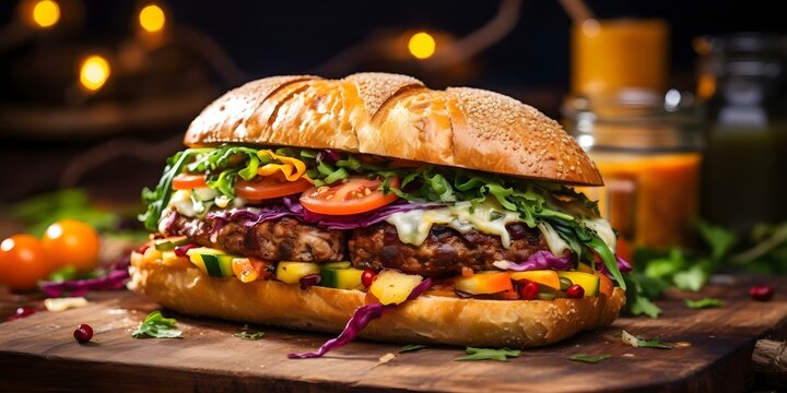 Mouthwatering Burger with Melted Cheddar Cheese, Beef, and Veggies on a Vibrant Background. Concept Food Photography, Burger Art, Culinary Creations, Gourmet Cheeseburgers, Vibrant Food Styling
