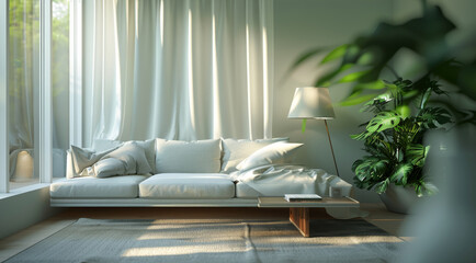 Interior minimalist home renderings, sofa, lamp, table, curtains fluttering in the wind, blurred greenery wall. Generative AI.