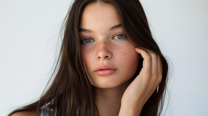 Wall Mural - Young Woman with Freckles and Blue Eyes.