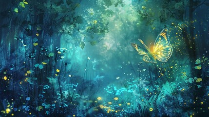 Wall Mural - illuminating shinning glowing beautiful butterfly over dark background.