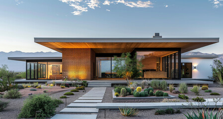 Poster - A single story modern home with brick cladding, loosely inspired by desert architecture. Generative AI.