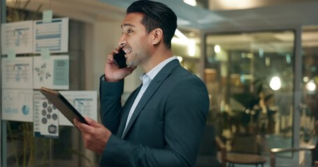 Poster - Businessman, night and tablet with phone call for discussion, finance or project deadline at office. Happy man, consultant or agent talking on mobile smartphone in business conversation at workplace