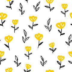 Wall Mural - Yellow seamless print with flowers and leaves