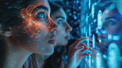 Poster - A diverse group of people looking at a futuristic brainwave graphic on a screen, symbolizing curiosity and scientific exploration. Generative AI.
