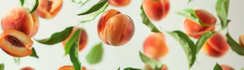ripe peaches gracefully descending, slices suspended mid-flight amid fresh green leaves, against